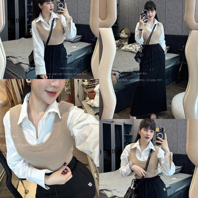 Set Áo Sơ Mi Croptop Kèm Áo Len Gile Siêu Hot