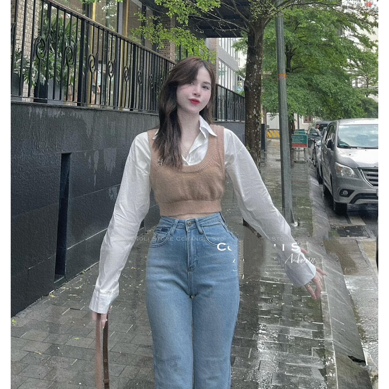 Set Áo Sơ Mi Croptop Kèm Áo Len Gile Siêu Hot