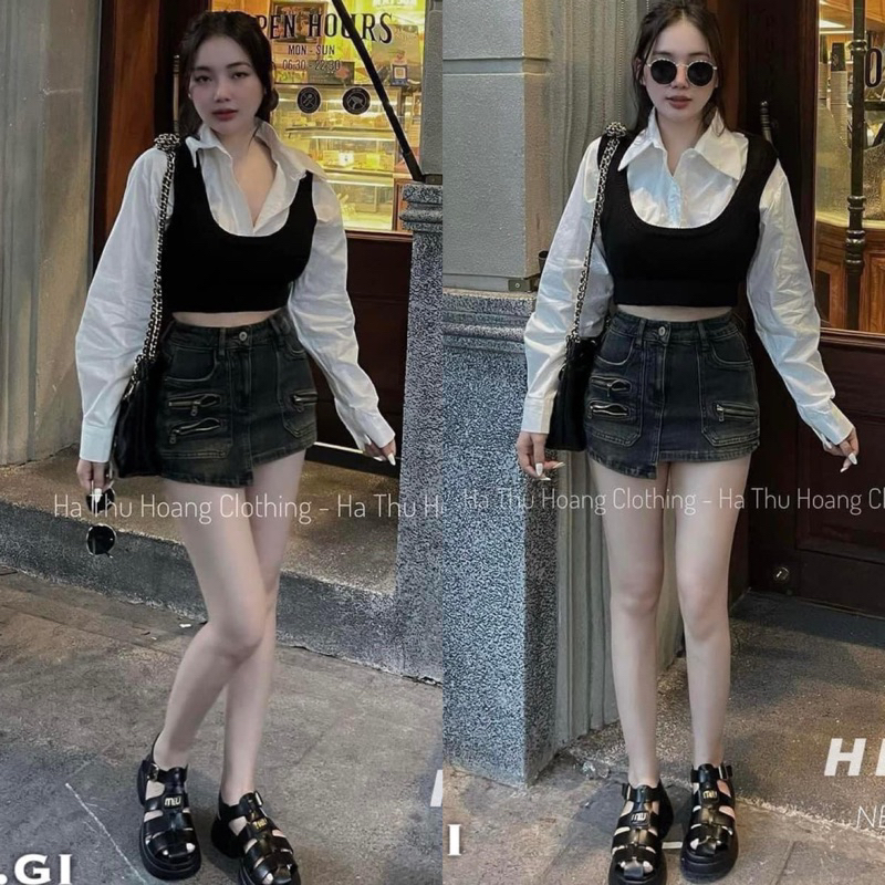 Set Áo Sơ Mi Croptop Kèm Áo Len Gile Siêu Hot