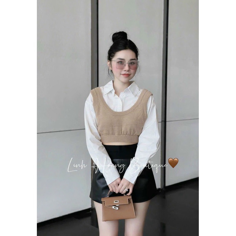 Set Áo Sơ Mi Croptop Kèm Áo Len Gile Siêu Hot