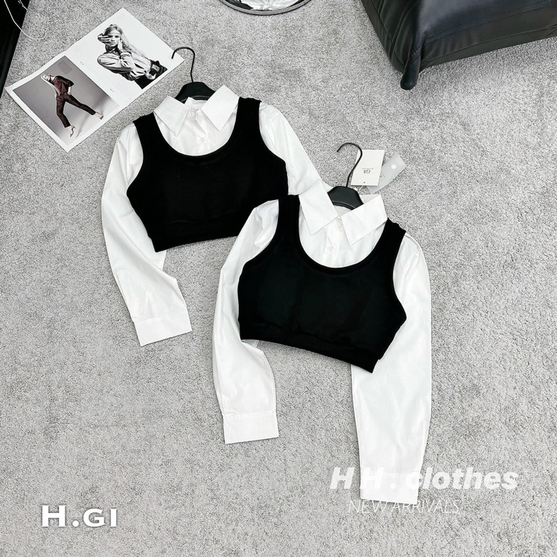 Set Áo Sơ Mi Croptop Kèm Áo Len Gile Siêu Hot