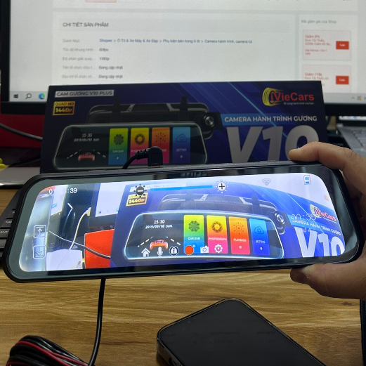 Camera Hành Trình Ô Tô V10 2K Full HD Có Kết Nối Điện Thoại, Gương Chiếu Hậu Trước Và Sau, Quay Đêm Sắc Nét