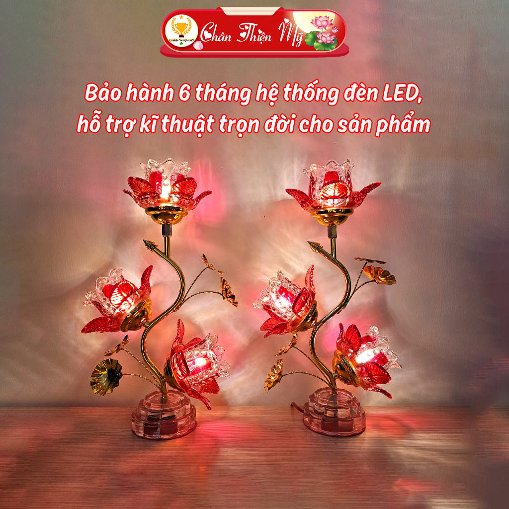 Đèn Để Bàn Thờ Hoa Sen 3 Bông Khung Hợp Kim Cao Cấp Kèm Led Siêu Sáng CHÂN THIỆN MỸ, Đồ Trang Trí Bàn Thờ