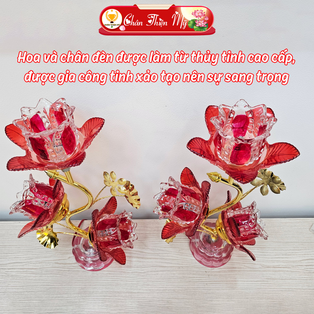 Đèn Để Bàn Thờ Hoa Sen 3 Bông Khung Hợp Kim Cao Cấp Kèm Led Siêu Sáng CHÂN THIỆN MỸ, Đồ Trang Trí Bàn Thờ
