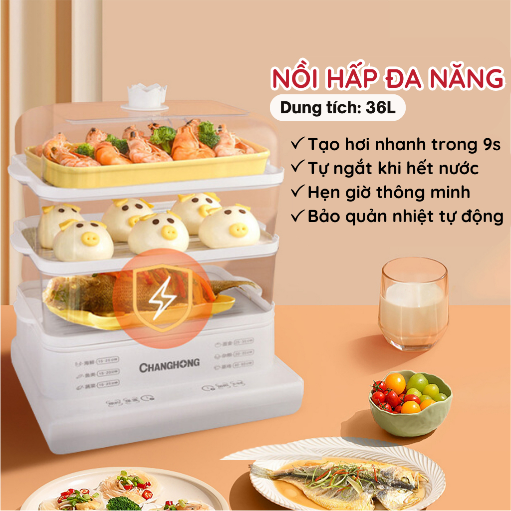 Nồi Hấp Điện Đa Năng Changhong 3 Tầng 36L, Nồi Hấp Gà Nguyên Con Bảo Hành 12 Tháng