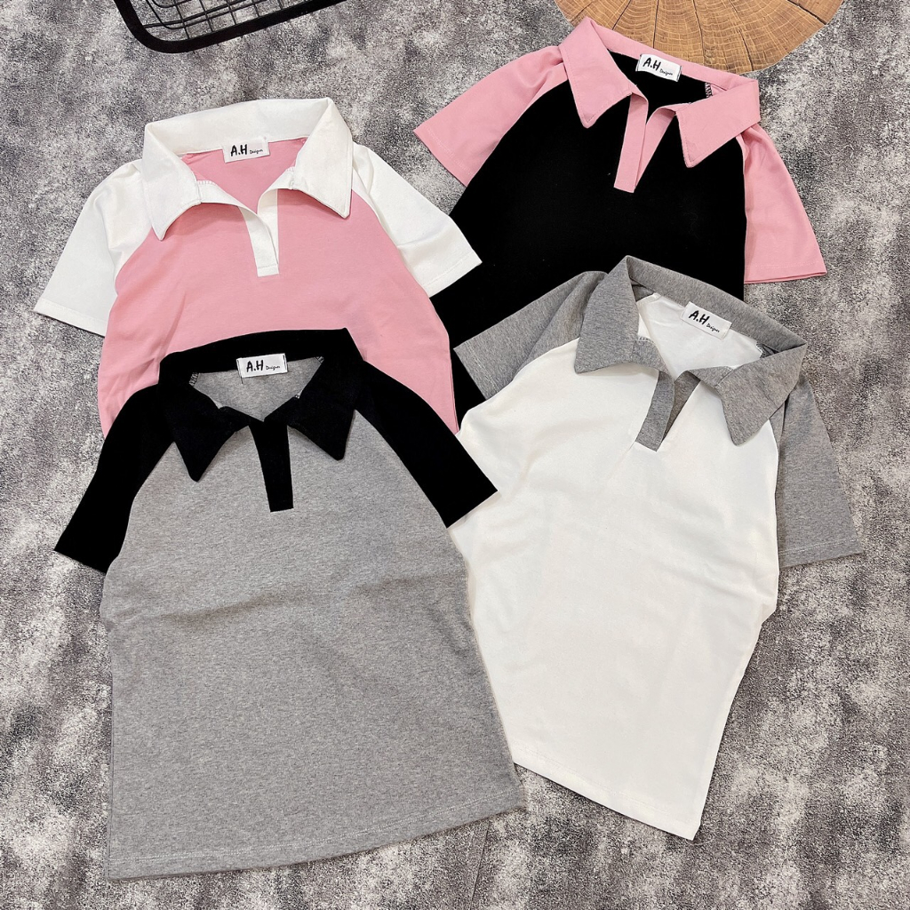 Áo thun ôm body nữ Pô Lô tay ngắn RAGLAN Trơn