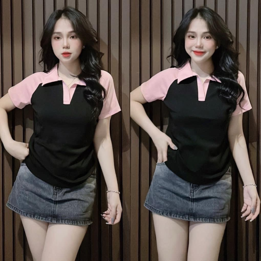Áo thun ôm body nữ Pô Lô tay ngắn RAGLAN Trơn