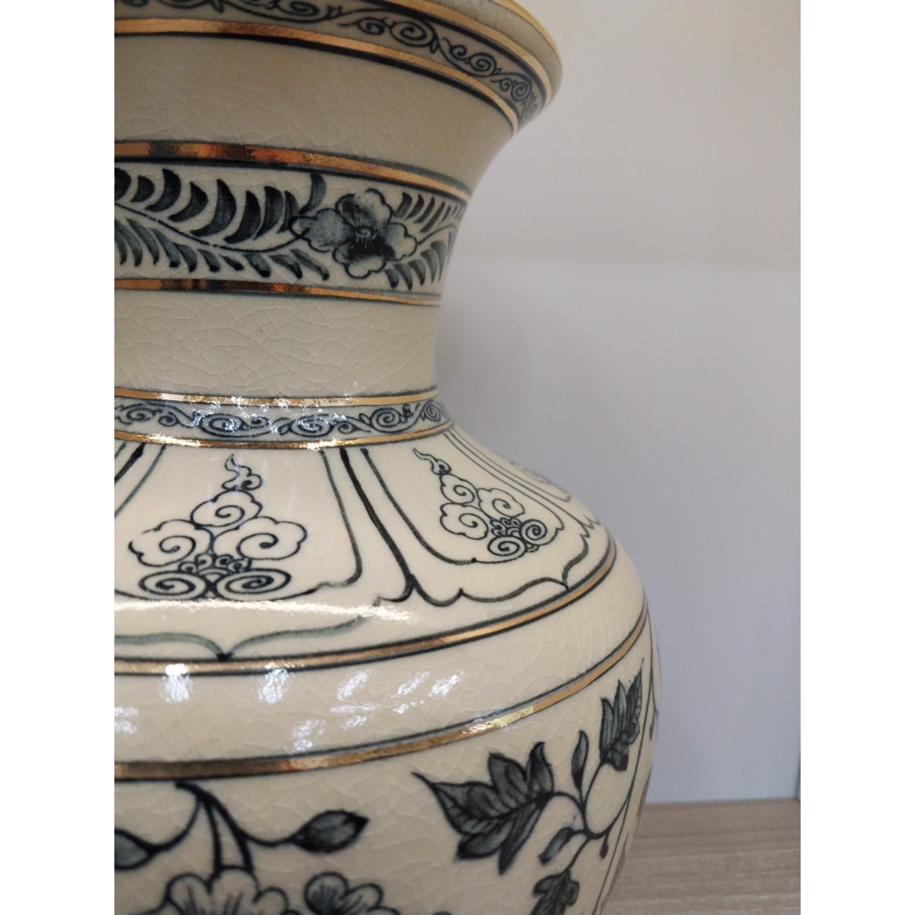 Bình Trường Phúc cao 23,5cm, vẽ chỉ vàng 24k, gốm Chu Đậu, họa tiết hoa Phù Dung