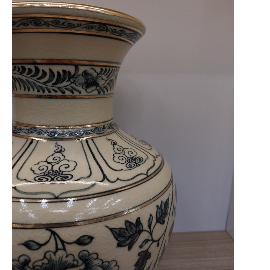 Bình Trường Phúc cao 23,5cm, vẽ chỉ vàng 24k, gốm Chu Đậu, họa tiết hoa Phù Dung