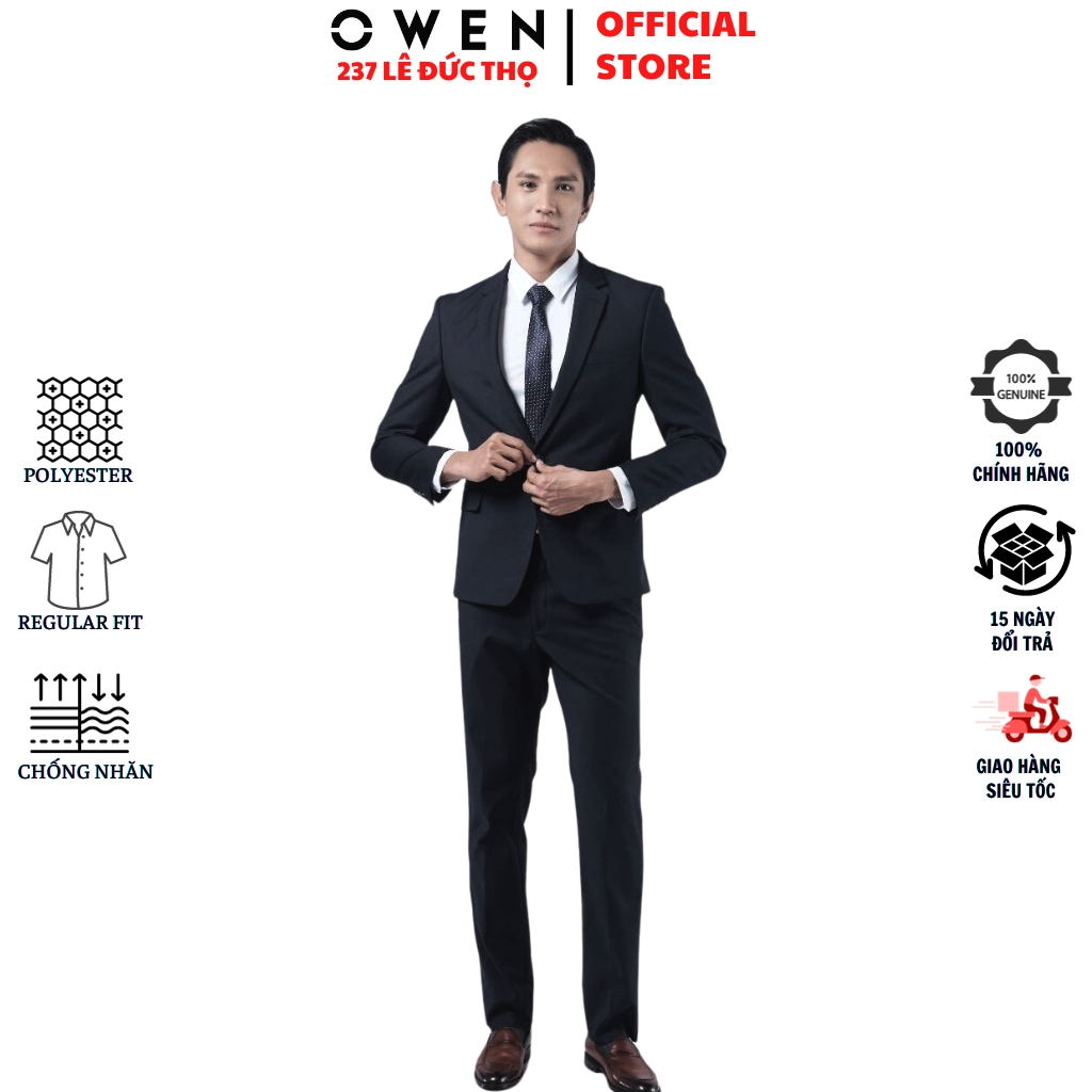 Bộ veston công sở nam cao cấp OWEN VES220959 vest comple màu đen trơn vải polyester suit dáng suông một cúc tà xẻ hông