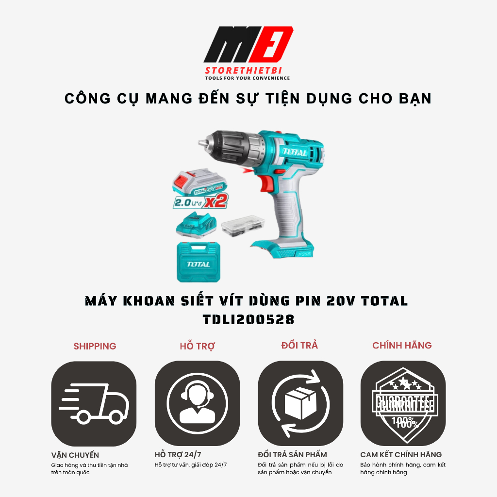 Máy khoan siêt vít , Khoan 3 chức năng dùng pin 20v TOTAL - TDLI200518 - TDLI200528 - TIDLI201452