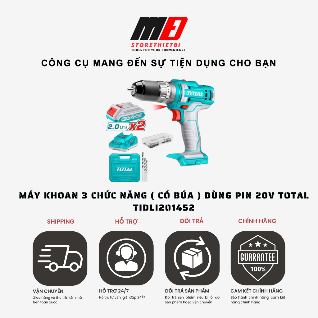 Máy khoan siêt vít , Khoan 3 chức năng dùng pin 20v TOTAL - TDLI200518 - TDLI200528 - TIDLI201452
