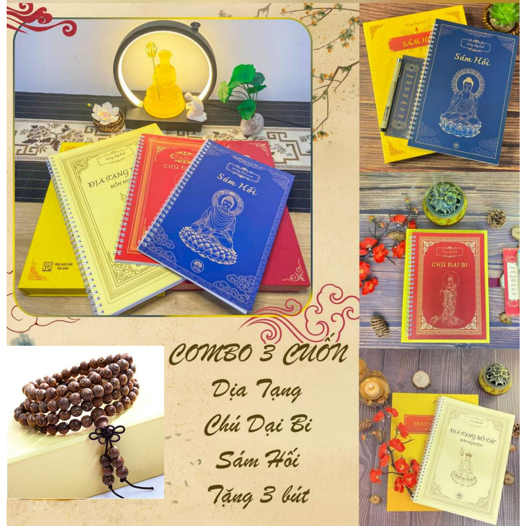 ComBo 3 Quyển Kinh Địa Tạng+Chú Đại Bi+Kinh Sám Hối in Mờ _Tặng Kèm Vòng 108 Hạt+3 bút chép kinh.