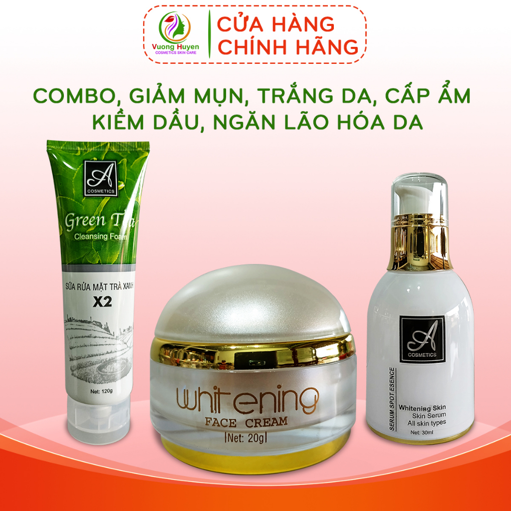 Combo cấp ẩm, dưỡng trắng, phục hồi da, kem face pháp, serum huyết thanh, sữa rửa mặt trà xanh X2 A Cosmetics