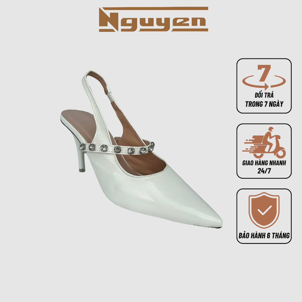Giày nữ cao gót mũi nhọn nhọn bít mũi quai đính đá gót cao 7p+đế = 9cm N49