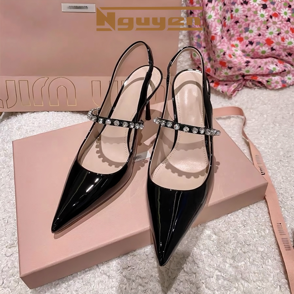 Giày nữ cao gót mũi nhọn nhọn bít mũi quai đính đá gót cao 7p+đế = 9cm N49