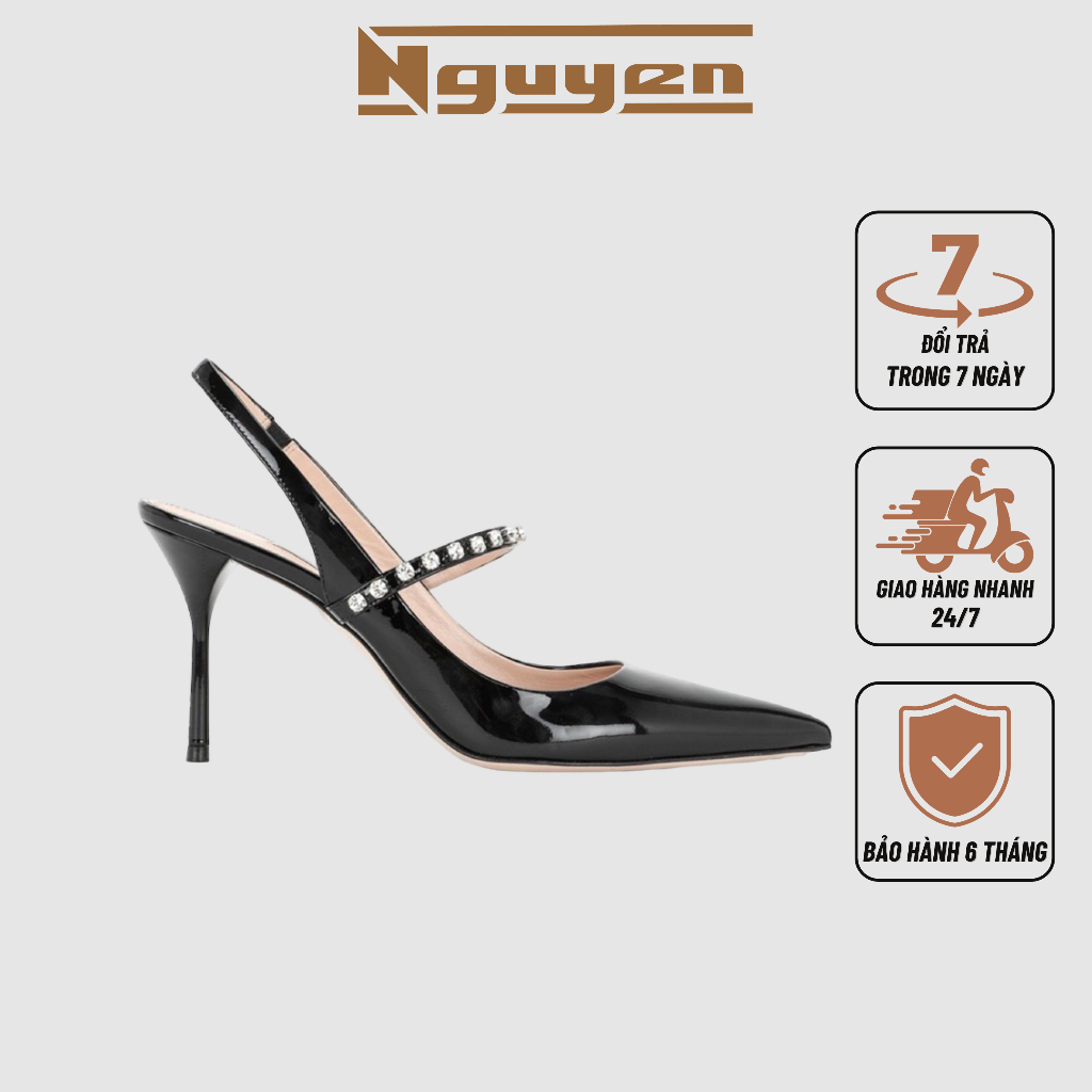 Giày nữ cao gót mũi nhọn nhọn bít mũi quai đính đá gót cao 7p+đế = 9cm N49