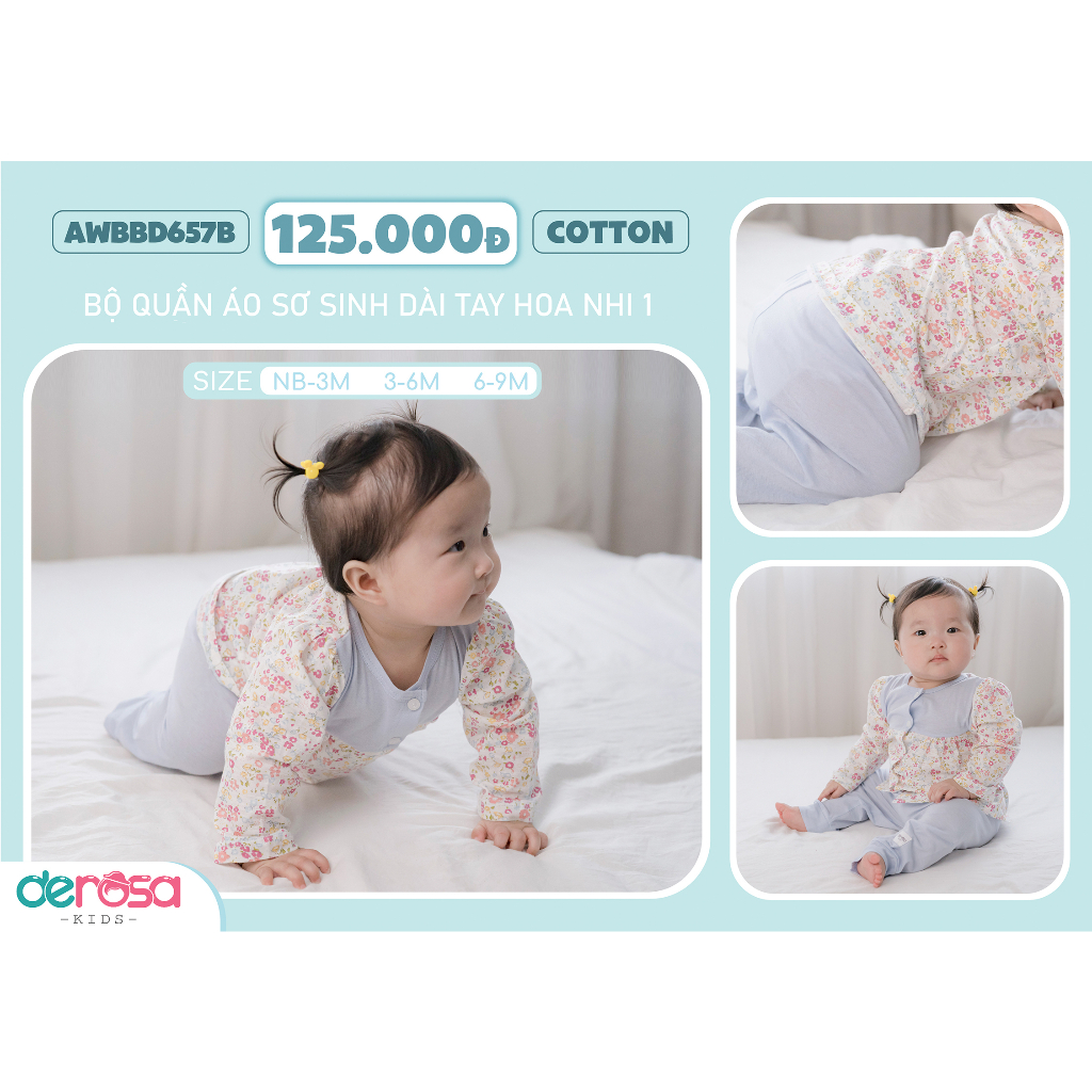 Bộ quần áo dài tay sơ sinh chất liệu Cotton Derosa Kids cho bé từ 0 đến 9 tháng AWBBD657B