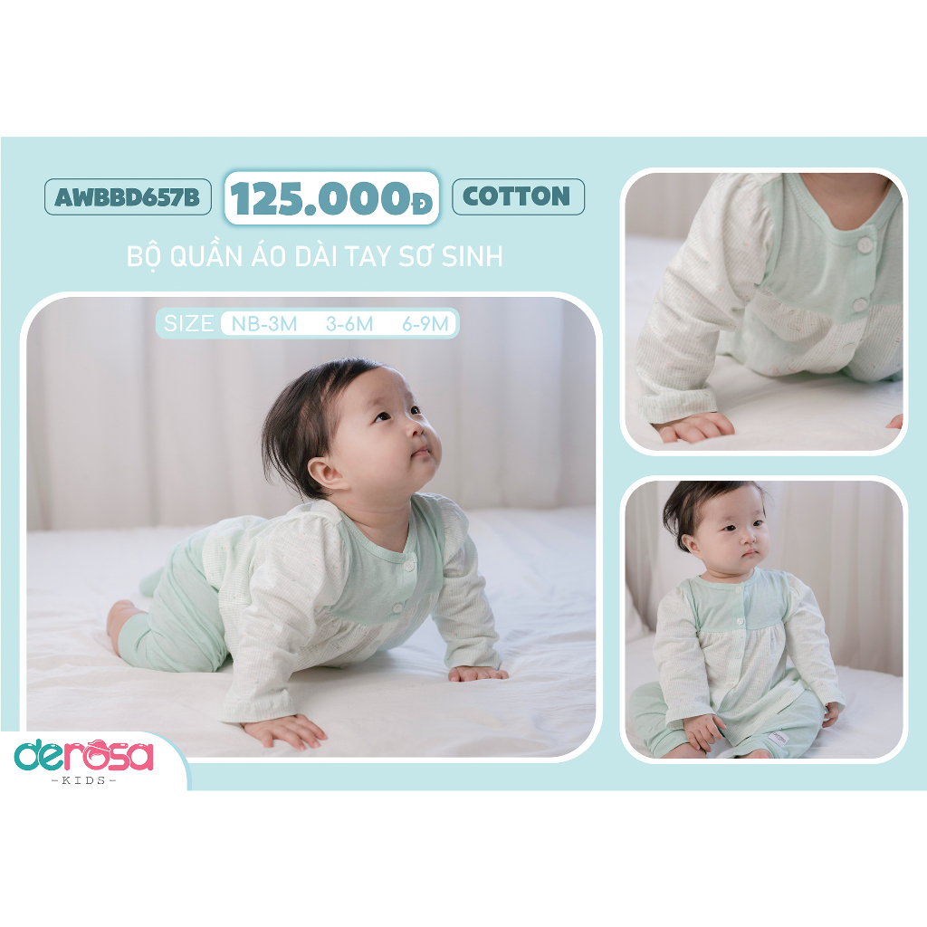 Bộ quần áo dài tay sơ sinh chất liệu Cotton Derosa Kids cho bé từ 0 đến 9 tháng AWBBD657B