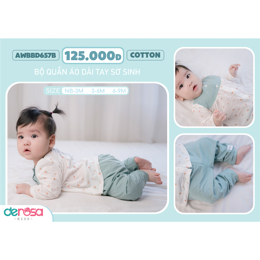 Bộ quần áo dài tay sơ sinh chất liệu Cotton Derosa Kids cho bé từ 0 đến 9 tháng AWBBD657B