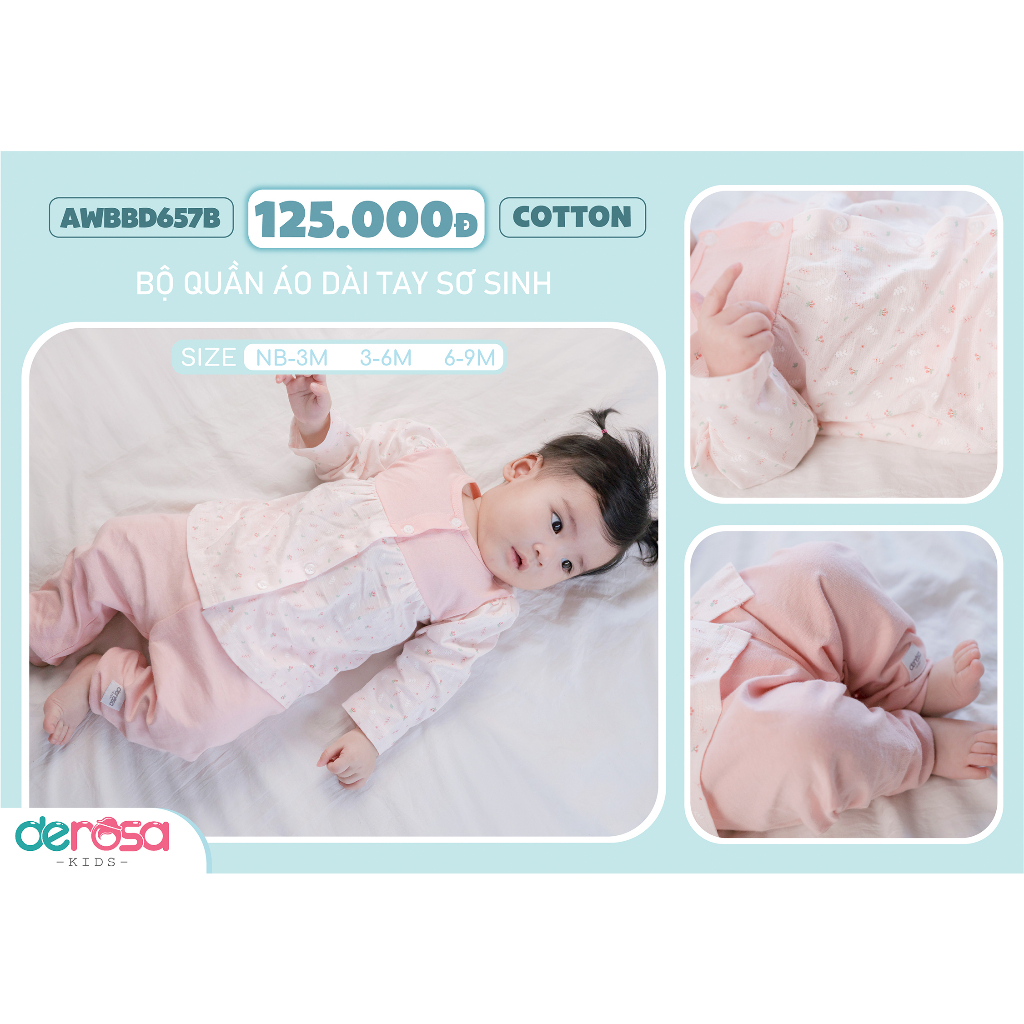 Bộ quần áo dài tay sơ sinh chất liệu Cotton Derosa Kids cho bé từ 0 đến 9 tháng AWBBD657B