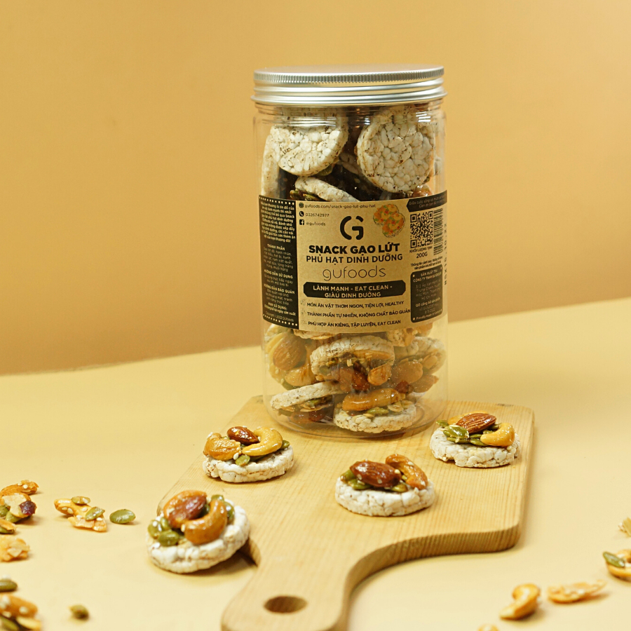 Snack gạo lứt phủ granola - GUfoods brown-rice snack topped with vegan granola - Healthy, Clean eating (200g)
