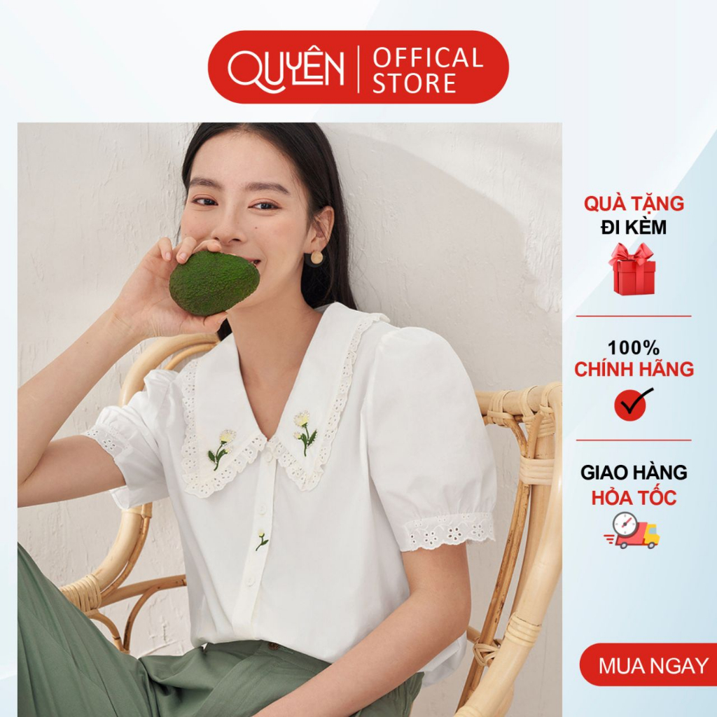 Áo sơ mi thêu hoa cúc nhỏ đính đá thanh lịch KYEON SMT028, màu trắng kiểu hàn quốc trẻ trung