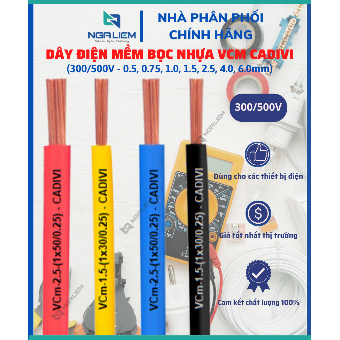 Dây Điện Mềm Bọc Nhựa VCm (0.5 - 0.75 - 1.0, 1.5, 2.5, 4.0, 6.0mm) 300/500V CADIVI - [BÁN LẺ THEO MÉ