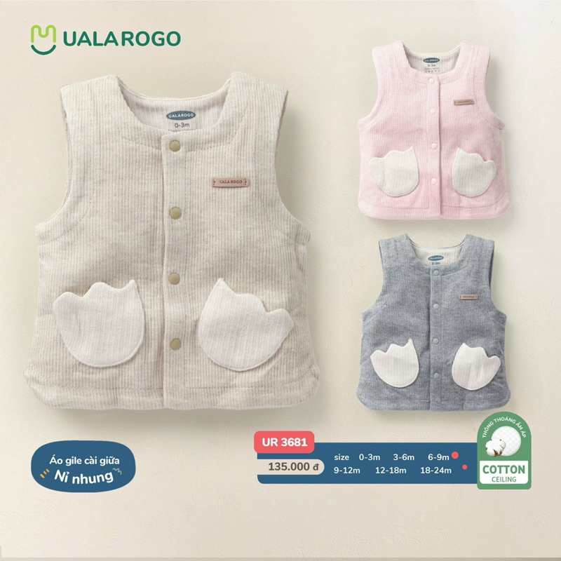 [Ualarogo] Áo gile nỉ nhung cho bé sơ sinh tới 10kg chính hãng ualarogo mẫu mới thu đông 2023