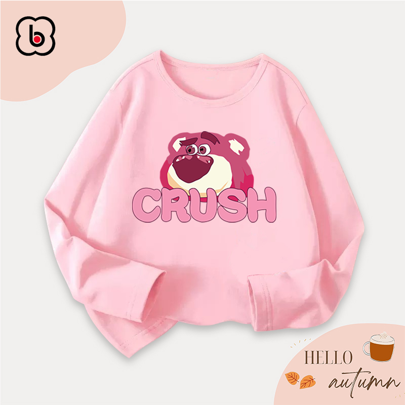 Áo dài tay bé gái BabyloveGO 2024 áo thu đông cổ tròn chất thun cotton in hình Lotso dễ thương