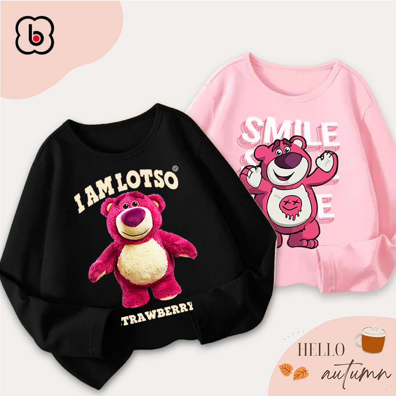 Áo dài tay bé gái BabyloveGO 2024 áo thu đông cổ tròn chất thun cotton in hình Lotso dễ thương