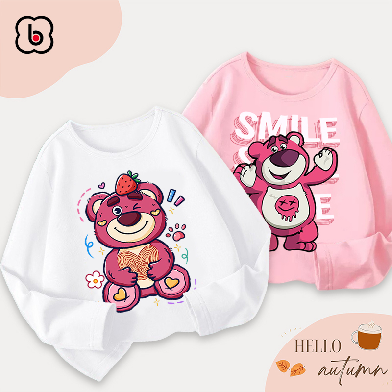 Áo dài tay bé gái BabyloveGO 2024 áo thu đông cổ tròn chất thun cotton in hình Lotso dễ thương