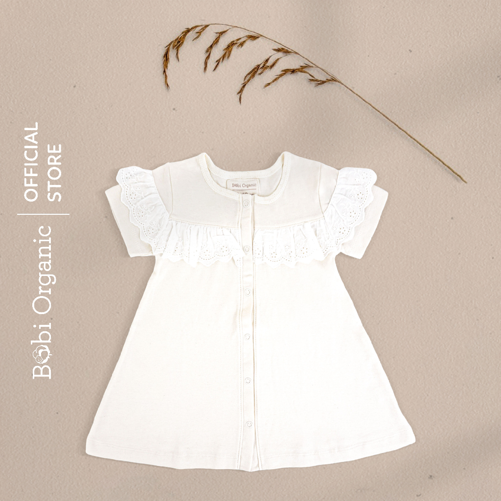 Quần áo trẻ em Bobicraft - Áo đầm trắng phối ren bé gái - Cotton hữu cơ organic an toàn