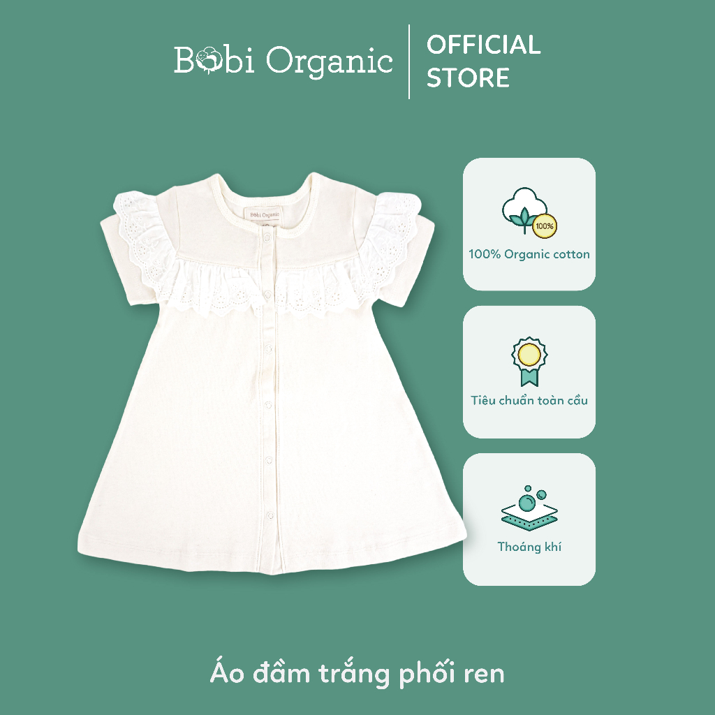 Quần áo trẻ em Bobicraft - Áo đầm trắng phối ren bé gái - Cotton hữu cơ organic an toàn