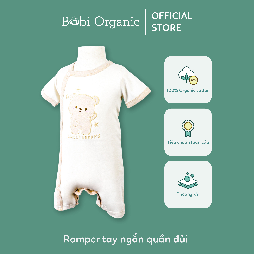 Quần áo trẻ em Bobicraft -  Bộ đồ liền thân bodysuit Romper tay ngắn quần đùi gấu - Cotton hữu cơ không tẩy nhuộm