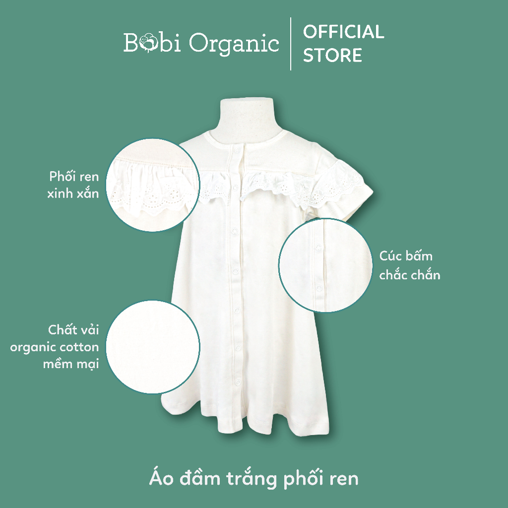 Quần áo trẻ em Bobicraft - Áo đầm trắng phối ren bé gái - Cotton hữu cơ organic an toàn