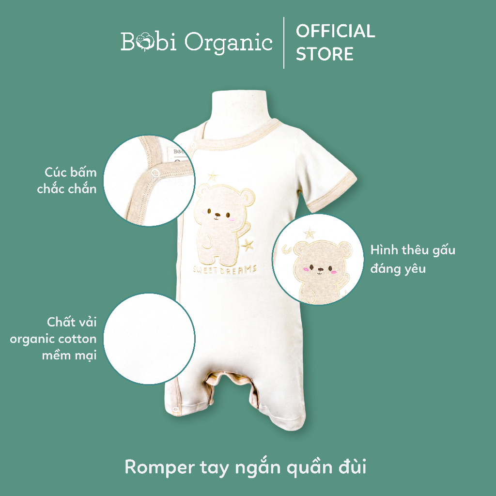 Quần áo trẻ em Bobicraft -  Bộ đồ liền thân bodysuit Romper tay ngắn quần đùi gấu - Cotton hữu cơ không tẩy nhuộm