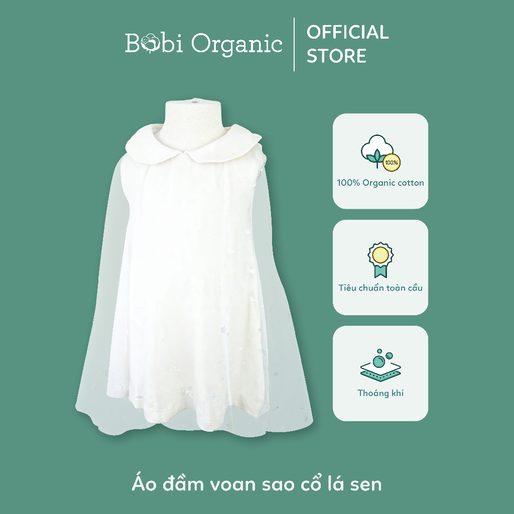 Quần áo trẻ em Bobicraft - Áo đầm voan sao cổ lá sen bé gái - Cotton hữu cơ organic an toàn