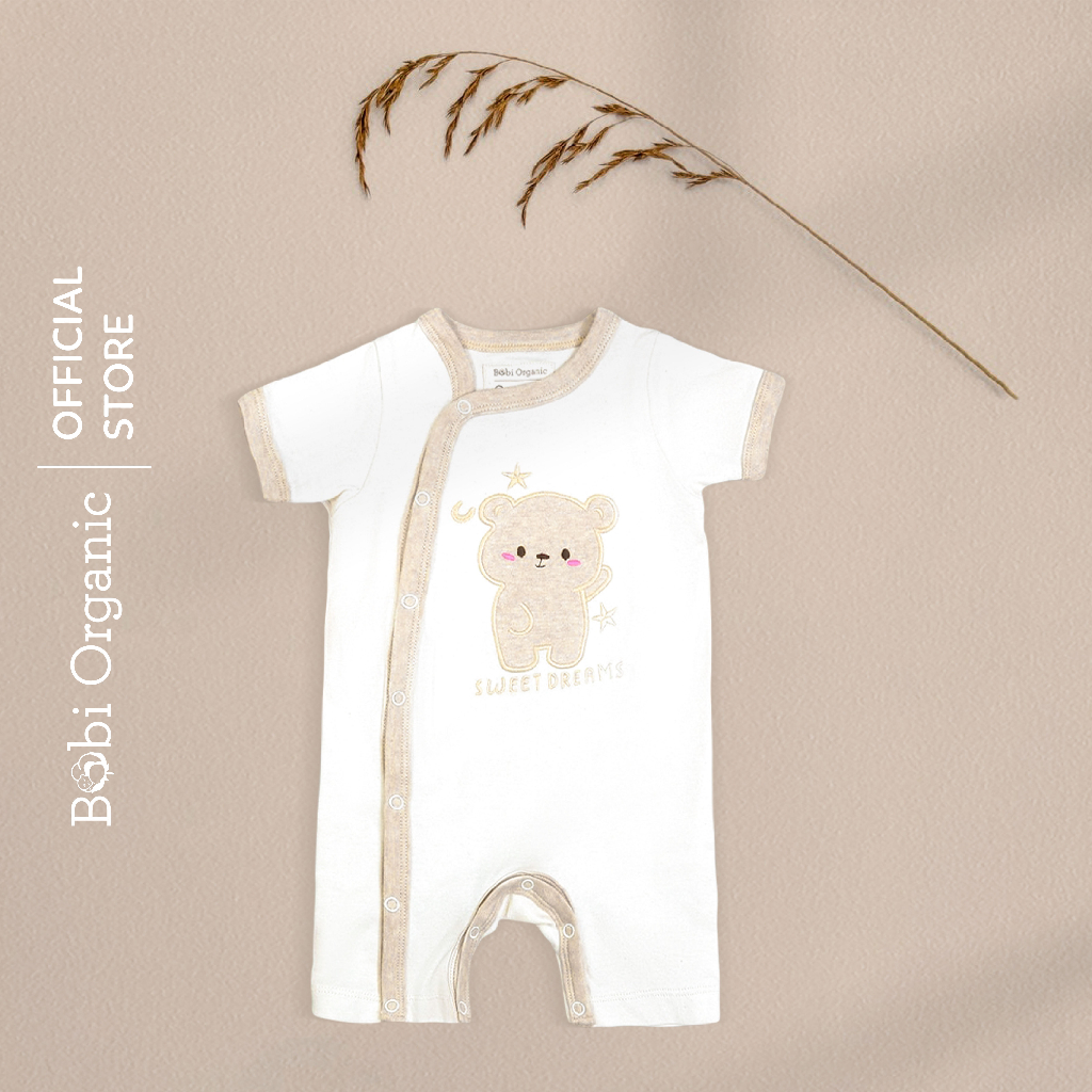 Quần áo trẻ em Bobicraft -  Bộ đồ liền thân bodysuit Romper tay ngắn quần đùi gấu - Cotton hữu cơ không tẩy nhuộm