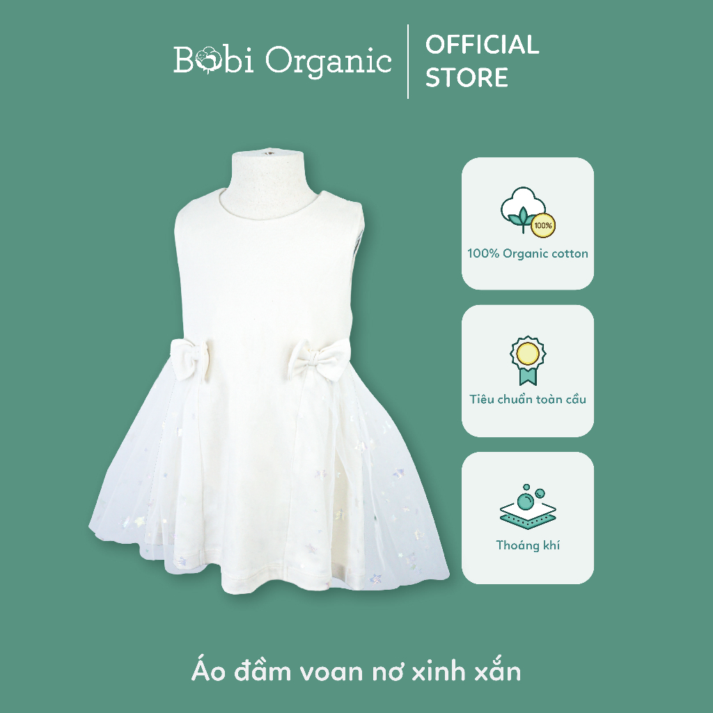 Quần áo trẻ em Bobicraft - Áo đầm voan nơ bé gái xinh xắn - Cotton hữu cơ organic an toàn