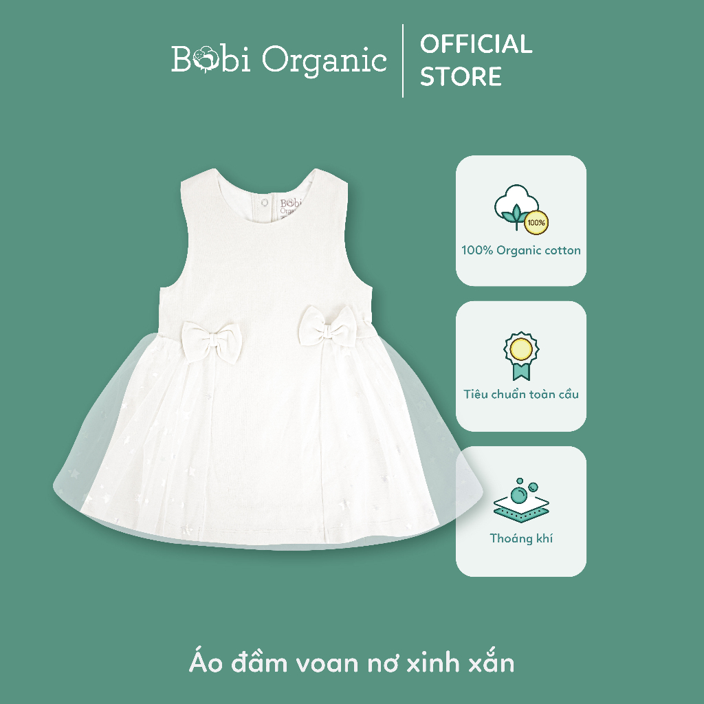 Quần áo trẻ em Bobicraft - Áo đầm voan nơ bé gái xinh xắn - Cotton hữu cơ organic an toàn