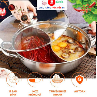 Nồi lẩu inox hai 26cm-28cm-30cm ngăn nấu được bếp từ có nắp kính
