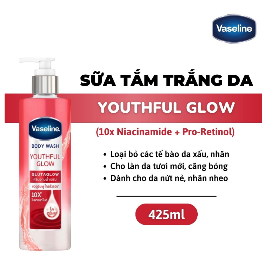Sữa Tắm Kích Trắng Vaseline Body Wash GlutaGlow 10X, Sữa Tắm Sáng Da Cho Da Ẩm Mượt 425ML
