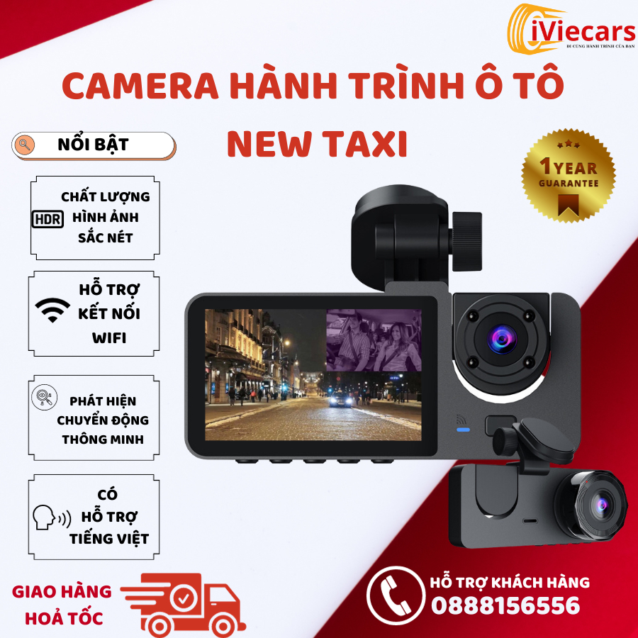 Camera hành trình ô tô New Taxi hỗ trợ kết nối WIFI 3 mắt ghi hình tốc độ cao full HD 1080p hồng ngoại siêu nét