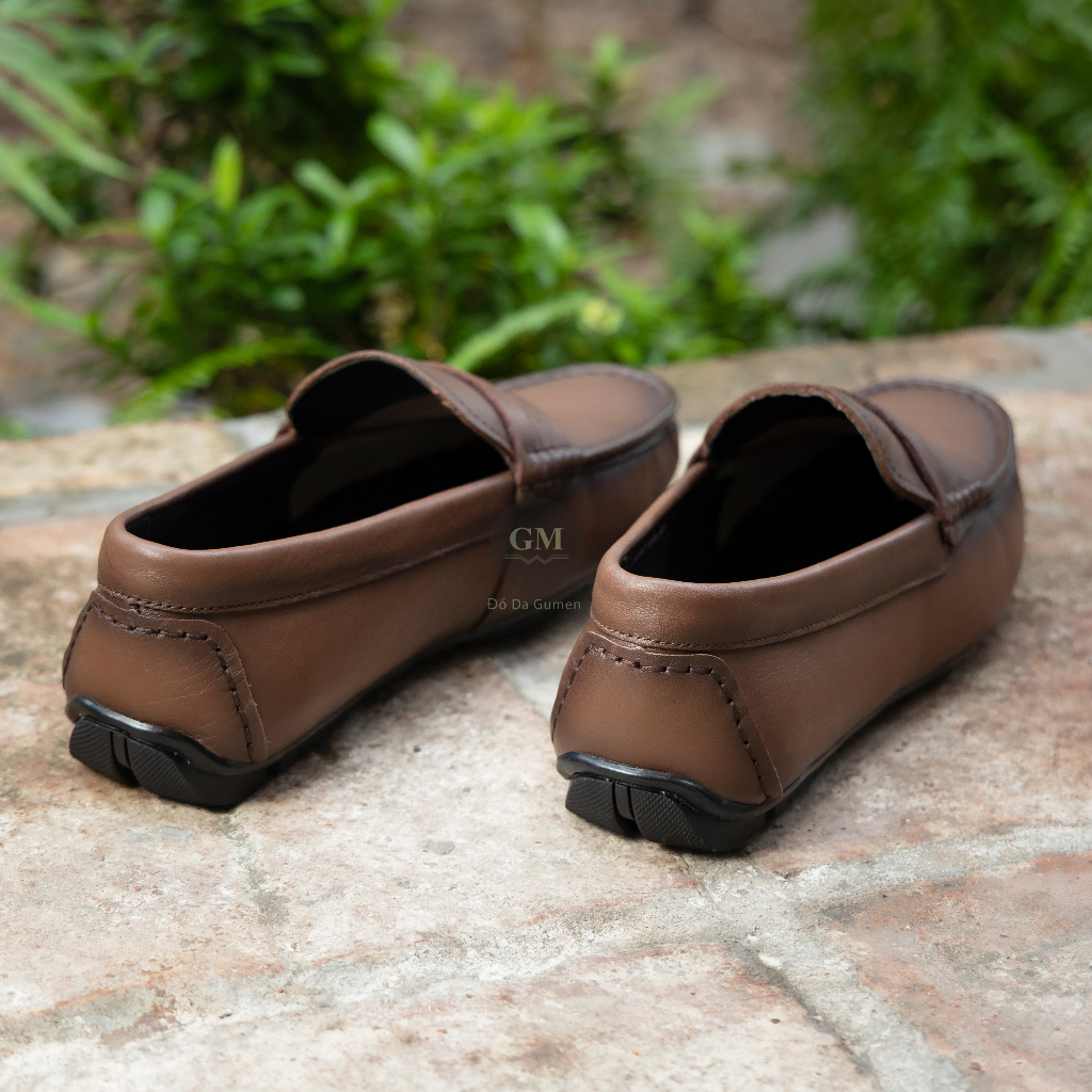 Giày Da Bò Lười Nam GUMEN GM 03 Nâu Kiểu Dáng Penny Loafer Đế Khâu Toàn Bộ Thủ Công Cao Su Đúc Nguyên Khối Mềm Mại