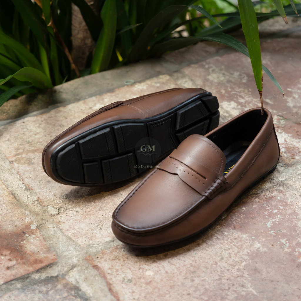 Giày Da Bò Lười Nam GUMEN GM 03 Nâu Kiểu Dáng Penny Loafer Đế Khâu Toàn Bộ Thủ Công Cao Su Đúc Nguyên Khối Mềm Mại