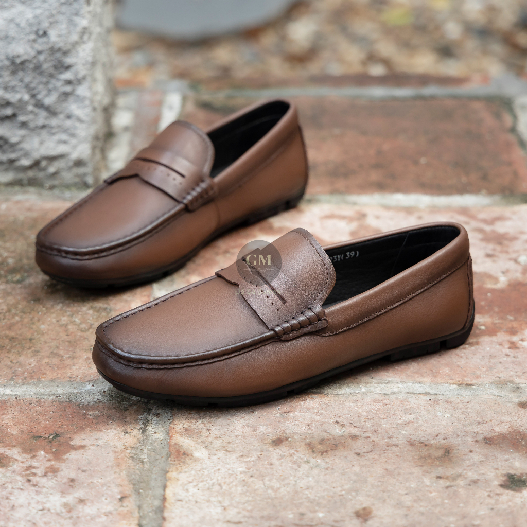 Giày Da Bò Lười Nam GUMEN GM 03 Nâu Kiểu Dáng Penny Loafer Đế Khâu Toàn Bộ Thủ Công Cao Su Đúc Nguyên Khối Mềm Mại