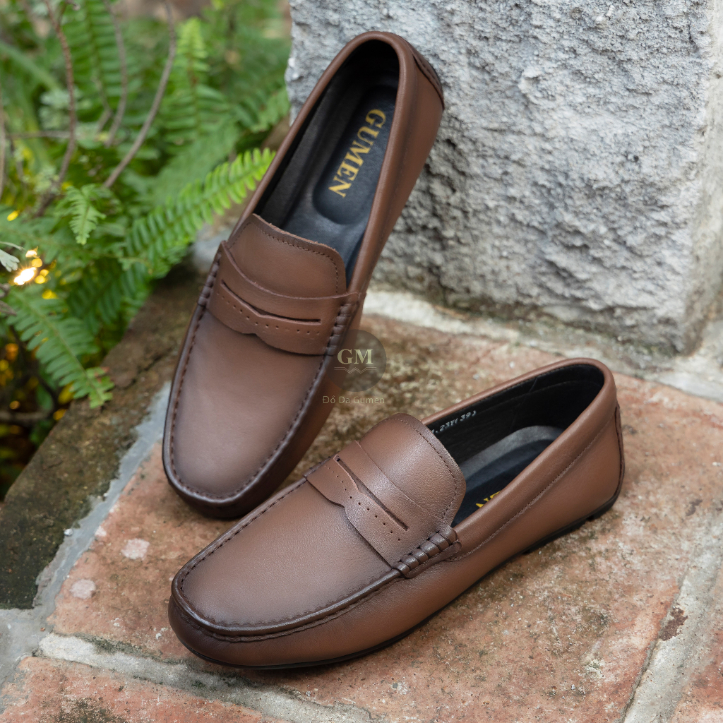 Giày Da Bò Lười Nam GUMEN GM 03 Nâu Kiểu Dáng Penny Loafer Đế Khâu Toàn Bộ Thủ Công Cao Su Đúc Nguyên Khối Mềm Mại
