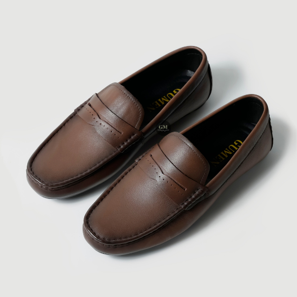 Giày Da Bò Lười Nam GUMEN GM 03 Nâu Kiểu Dáng Penny Loafer Đế Khâu Toàn Bộ Thủ Công Cao Su Đúc Nguyên Khối Mềm Mại