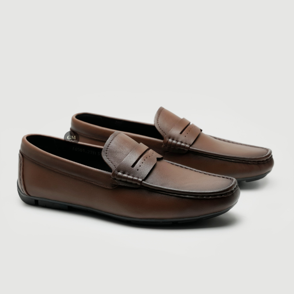 Giày Da Bò Lười Nam GUMEN GM 03 Nâu Kiểu Dáng Penny Loafer Đế Khâu Toàn Bộ Thủ Công Cao Su Đúc Nguyên Khối Mềm Mại